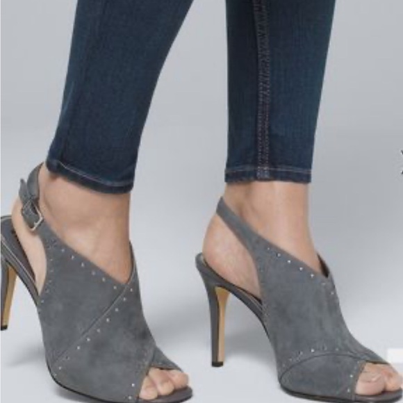 White House Black Market Shoes - White House Black Market Gray Suede Studded Heels